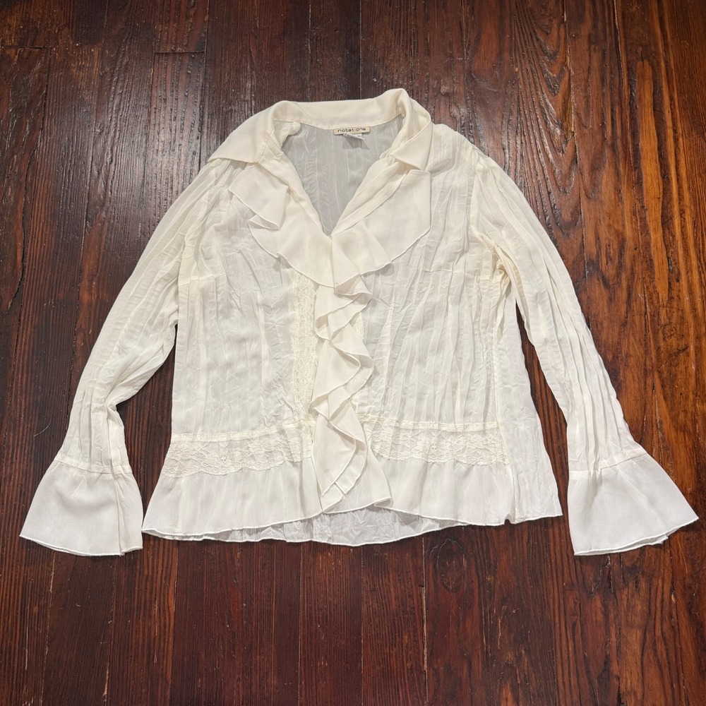Notations Top Womens Large White Lace  Ruffle Sheer Vintage Blouse Boho Y2K